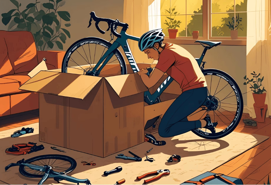 a cyclist packs his bike in a cardboard box
